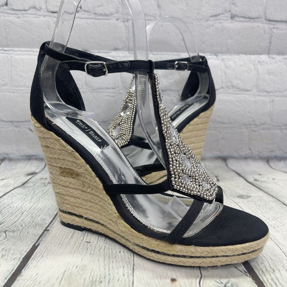 WHBM Black Wedges Rhinestone T Strap Women Size 7 Elegant Vacation Resort Chic - Picture 2 of 14